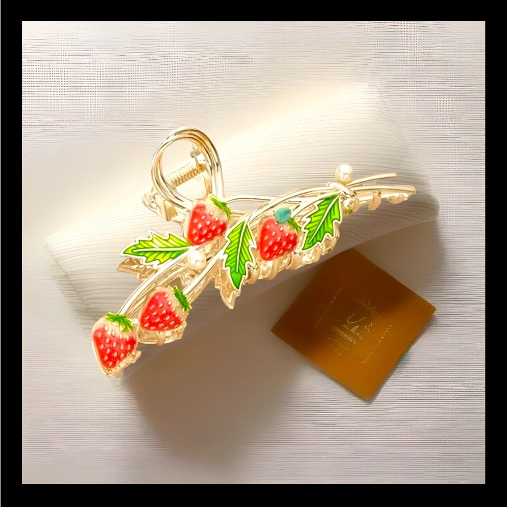 Cottagecore Strawberry Hair Clip Gold Tone Enamel Fruit Barrette Cute Retro Vibe